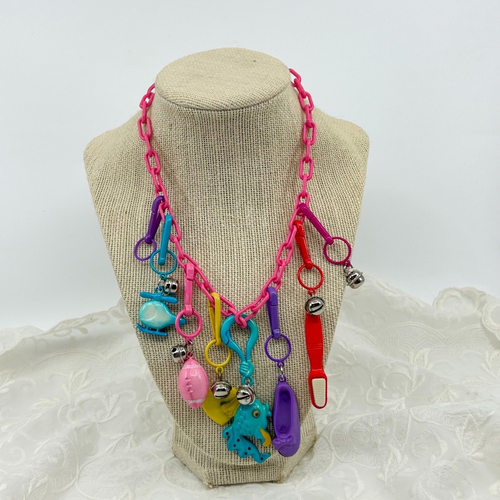Vintage 80s Plastic Charms Clip and Bell Necklace Pink Chain Funky Colorful Toy
